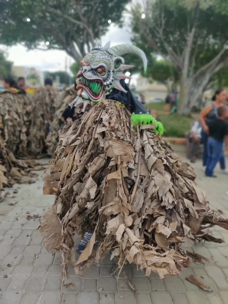 Un carnavalero disfrazado de platanú luciendo un traje completo de hojas secas de plátano y una elaborada careta con cuernos en el Carnaval de Cotuí.