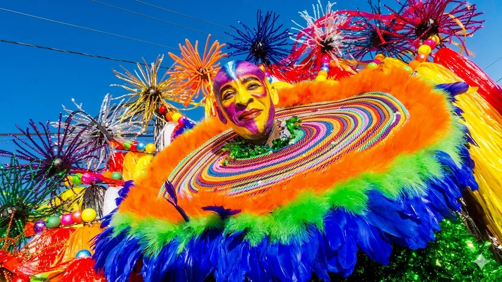 Juampa, figura emblemática del Carnaval Cotuisano, posa con un gesto sereno y profesional luciendo su espectacular traje colorido y maquillaje facial artístico